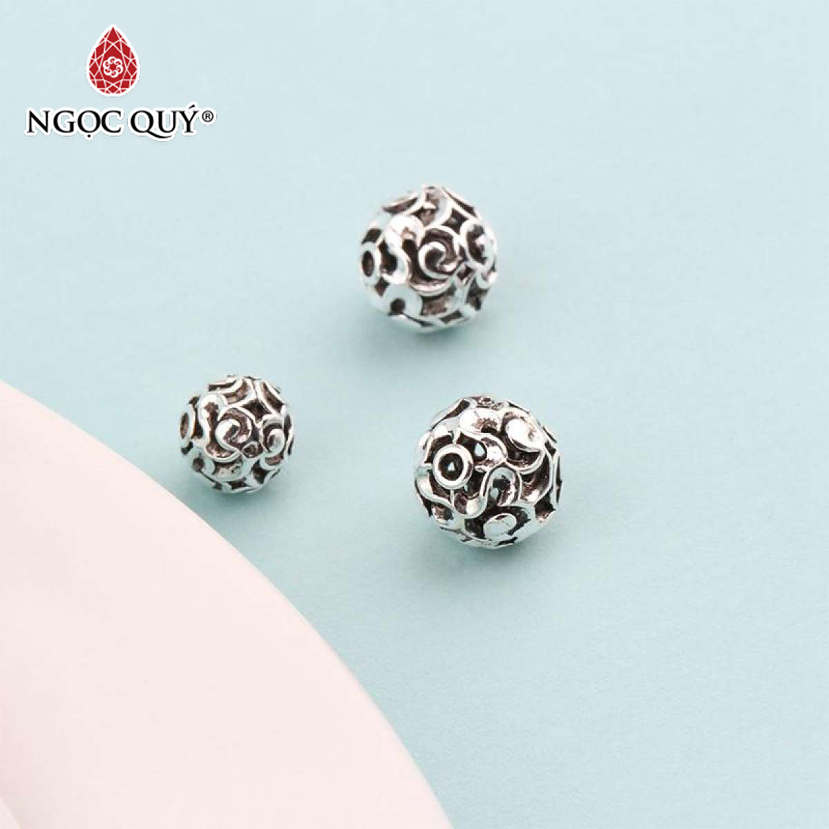 [HCM]Charm bạc thái hình cầu họa tiết hoa văn xỏ ngang 7mm - Ngọc Qúy Gemstones