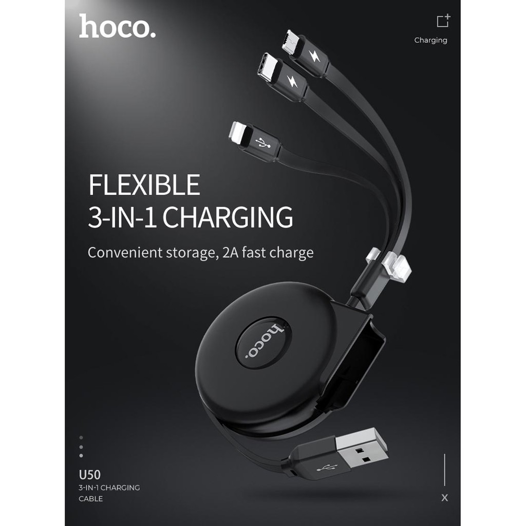 Cáp Sạc Hoco U50 3 in 1 Lightning + Micro USB + Type-C thiết kế dây rút tiện lợi tương thích tốt với hầu hết các thiết bị