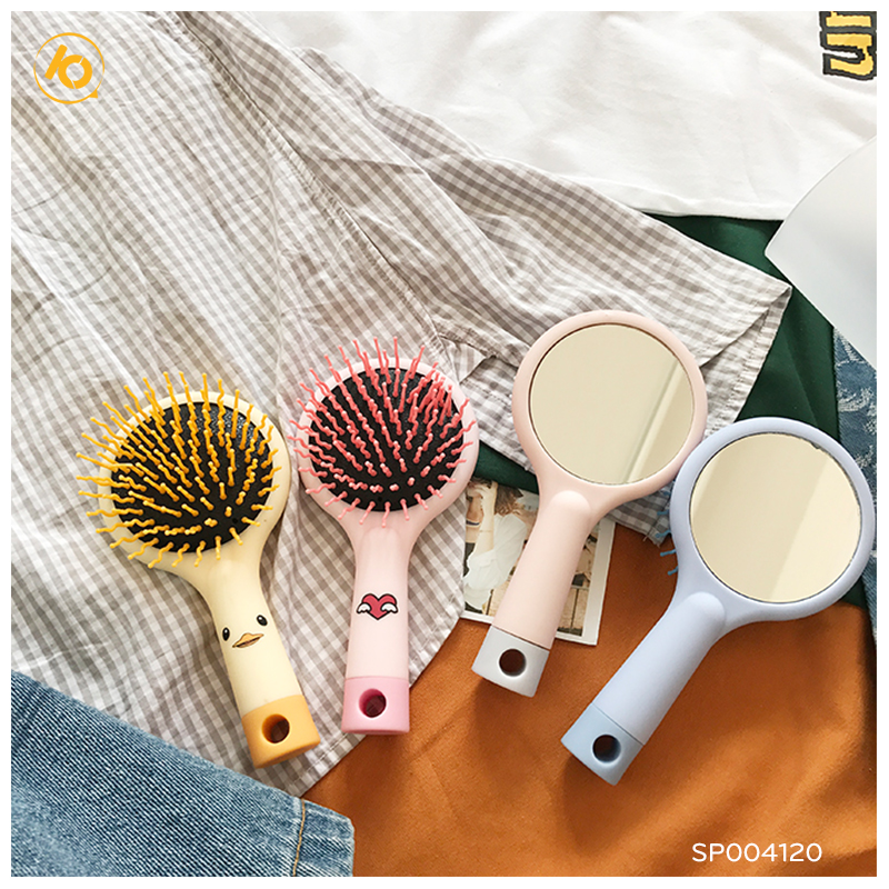 Lược Mini Gỡ rối Massage Cầm Tay Kèm Gương - Lược Đệm Mát Xa Bỏ Túi Siêu Dễ Thương