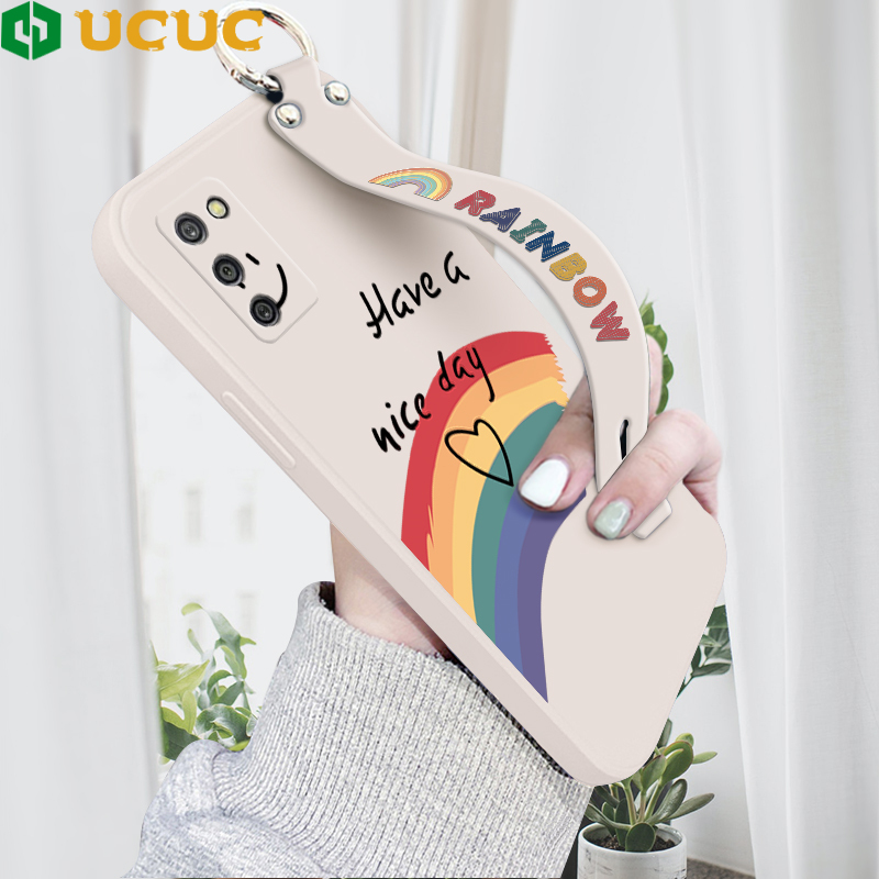 UCUC Phone Case For Samsung Galaxy A02S Case For Grils Softcase Rainbow Smile Square Edge Liquid Silicone Casing Full Cover Camera Shockproof Protection Cases