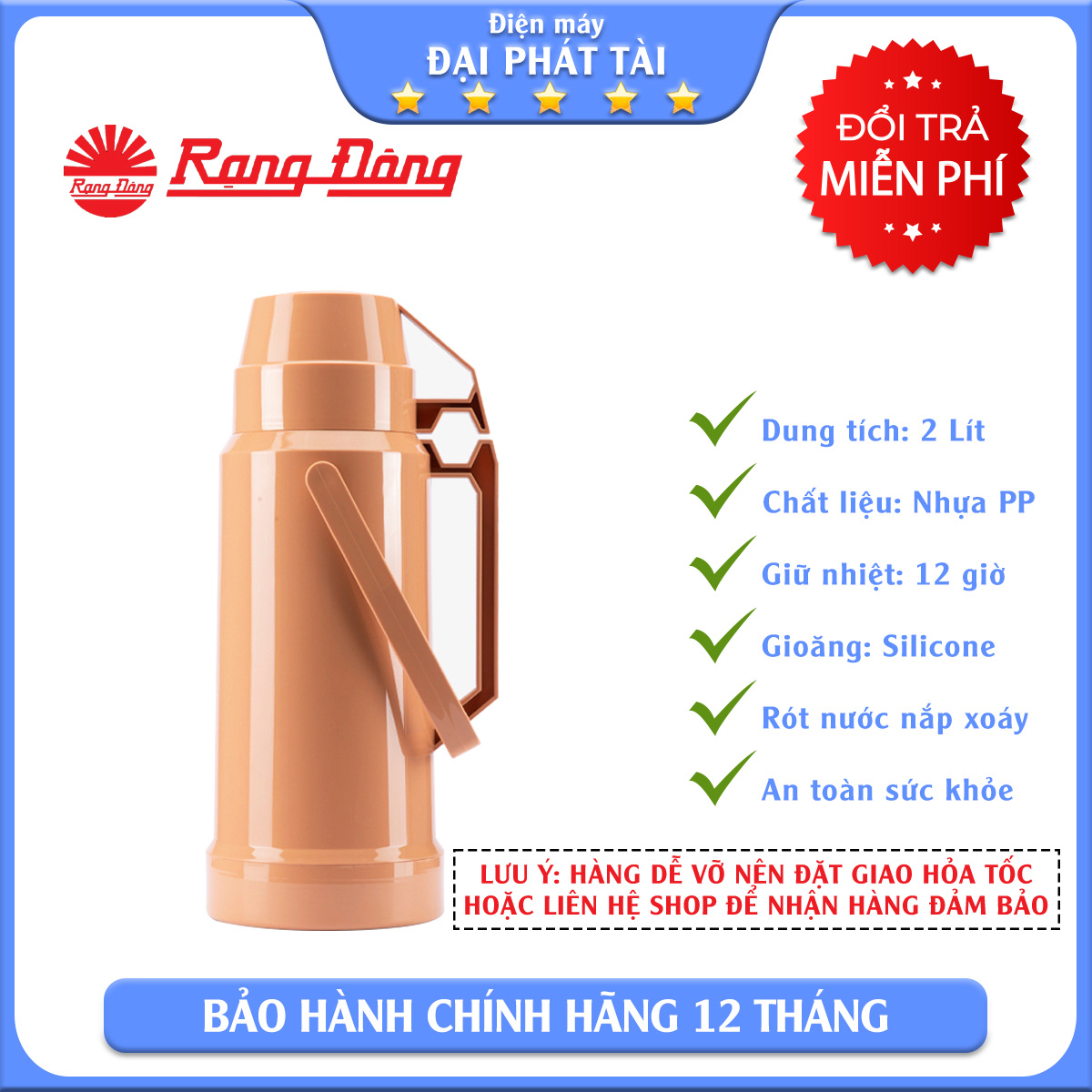 [CHỈ GIAO Ở TP HCM]Phích nước Rạng Đông 2 Lít RD 2035 N10.E (hồng phấn)