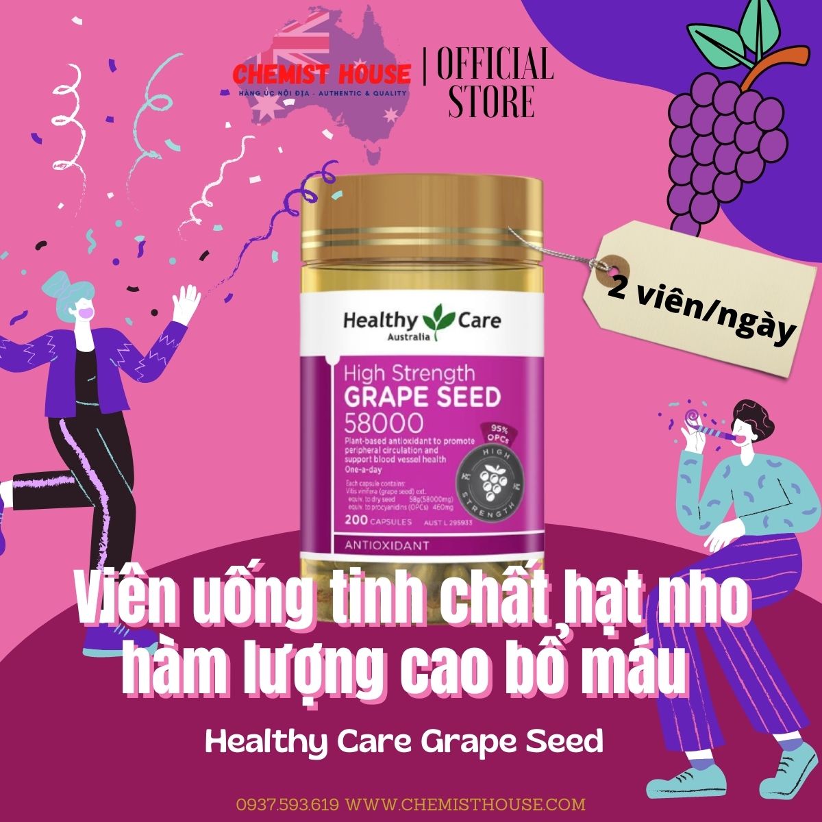 Hàng chuẩn Úc Viên uống tinh chất hạt nho bổ máu Healthy Care Grape Seed