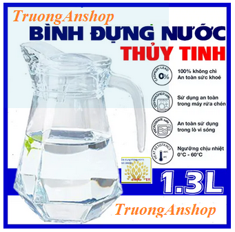 Bình nước thủy tinh, Bình ca thủy tinh rót nước 1300ml trong suốt có quai cầm sang trọng cao cấp dày dặn chịu nhiệt