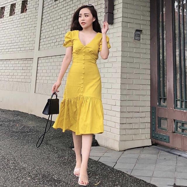 [HCM]Đầm đuôi cá nút bọc 2 màu (kèm hình thật)