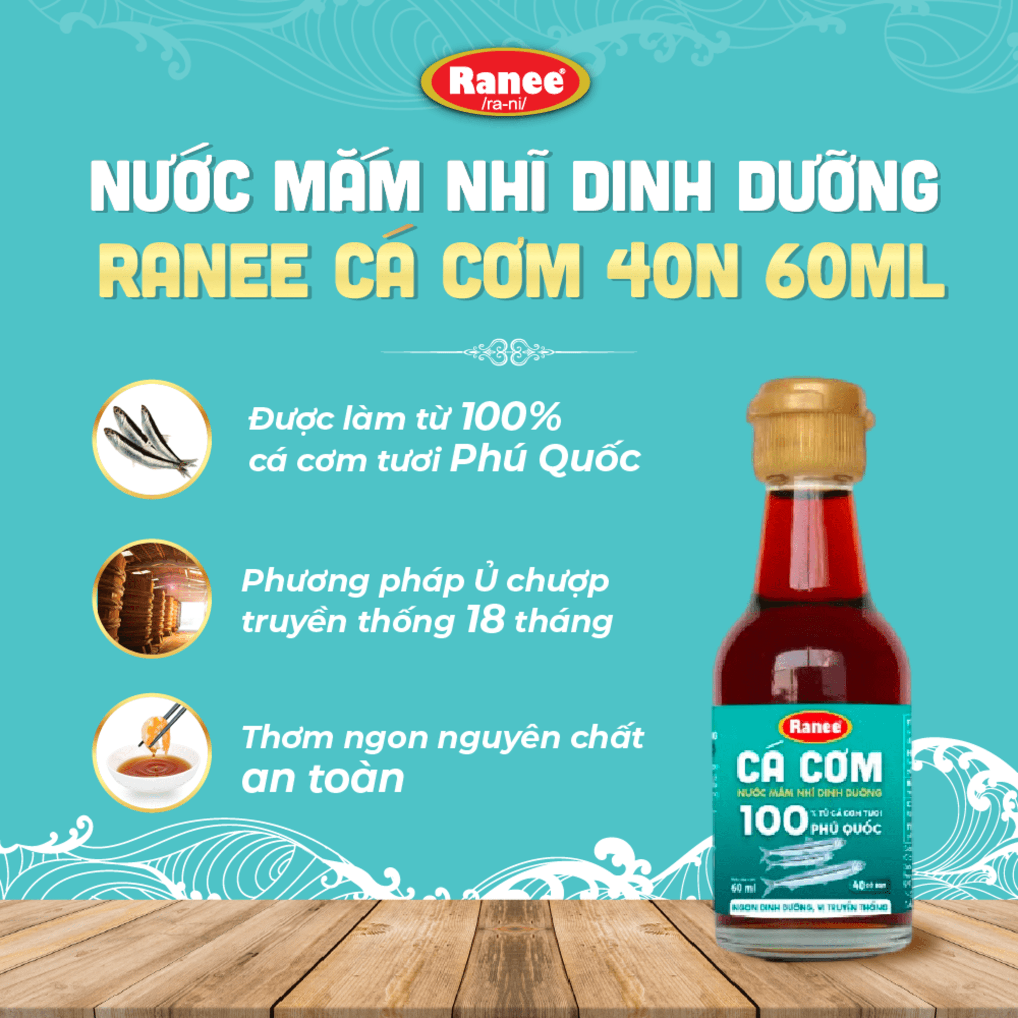 {Đơn 199k tặng hộp bơ -399k tặng vá gỗ} Combo 5 chai nước mắm nhĩ dinh dưỡng Ranee Cá Cơm 40 ĐỘ ĐẠM chai 60ml ( 5 x 60ml)