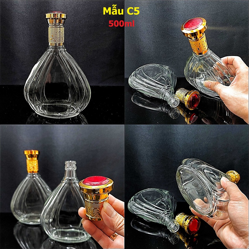 Chai Đựng Rượu 500ML mẫu giọt nước dẹt - hoa văn cánh sen nắp vàng chuôi đỏ - Vỏ Chai Rượu Đẹp - Chai Thủy Tinh Đựng Rượu - Bình Đựng Rượu 500ML (C5)