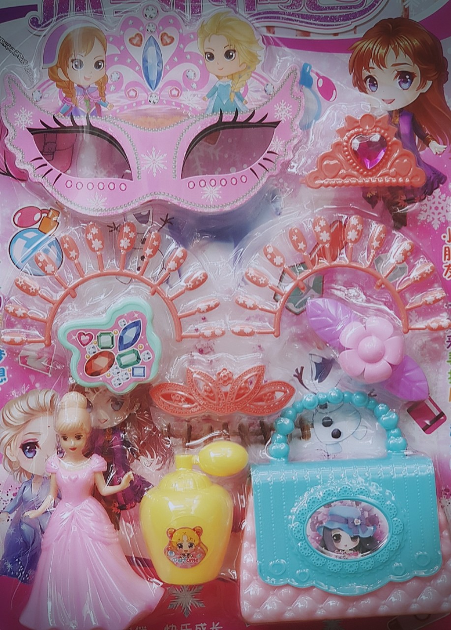 (TẶNG KÈM BÚP BÊ) Đồ chơi hóa trang lễ hội cho bé gái gồm: MẶT NẠ+TÚI XÁCH+KẸP TÓC+VƯƠNG MIỆN