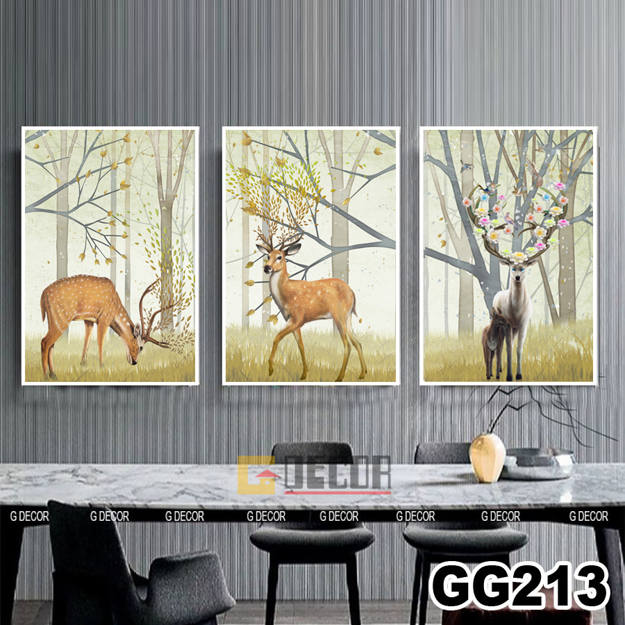 Tranh treo tường canvas khung gỗ 3 bức phong cách hiện đại Bắc Âu 213, tranh hươu trang trí phòng khách, phòng ngủ, spa(40X60CM)