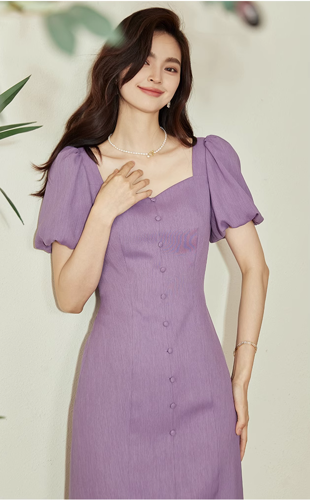 V-neck plain purple dress Puff button short sleeve