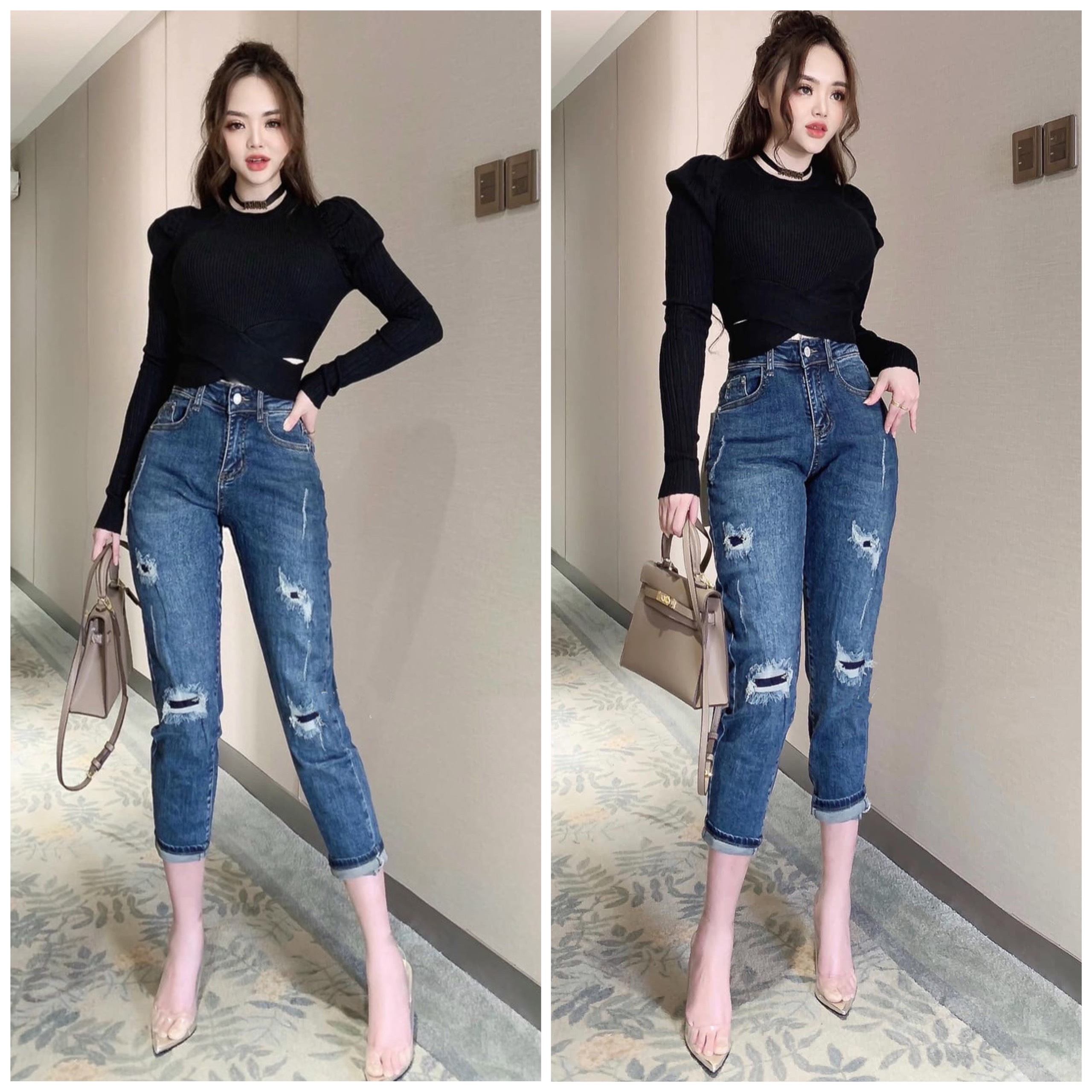 Quần jean bò nữ 9 tấc BIGSIZE rách vá đắp lưng cao lai cuốn co dãn mạnh 3754 - MoliJeans