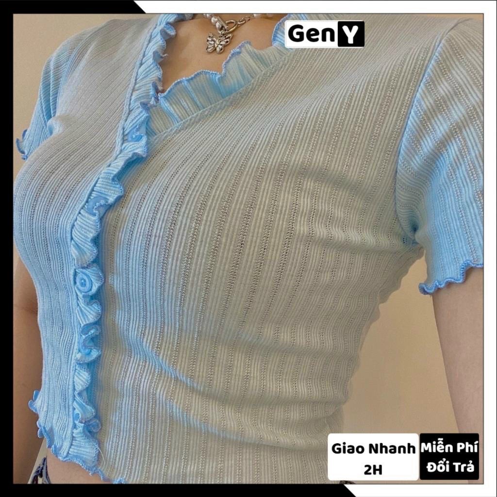 [HCM]ÁO KIỂU VIỀN BÈO NÚT BỌC CROPTOP SIÊU CUTE