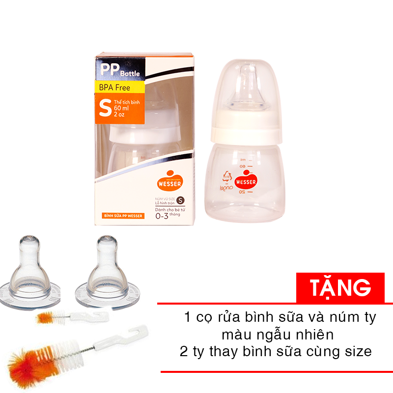 Combo Bình sữa Wesser Nano Silver cổ thường 60ml + 1 cọ rửa bình sữa và núm ty tặng 2 ty binh sua cùng size