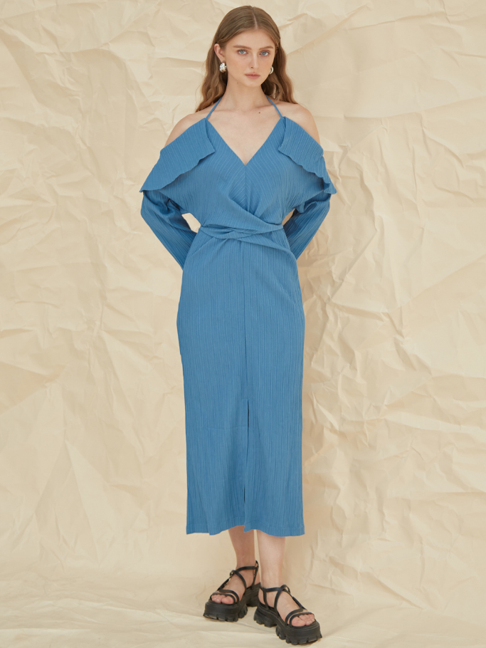 COCO SIN - Đầm Trẹt Vai Xanh Twist Eo