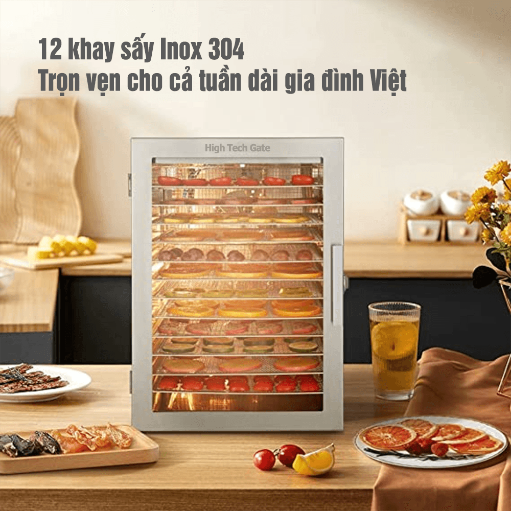 Máy sấy thực phẩm inox HTG-ST06 với 12 khay 2 quạt sấy khô hiệu quả tích hợp tính năng hẹn giờ sấy tiện lợi cùng khung gia nhiệt chuẩn xác với cảm ứng thông minh hàng chính hãng