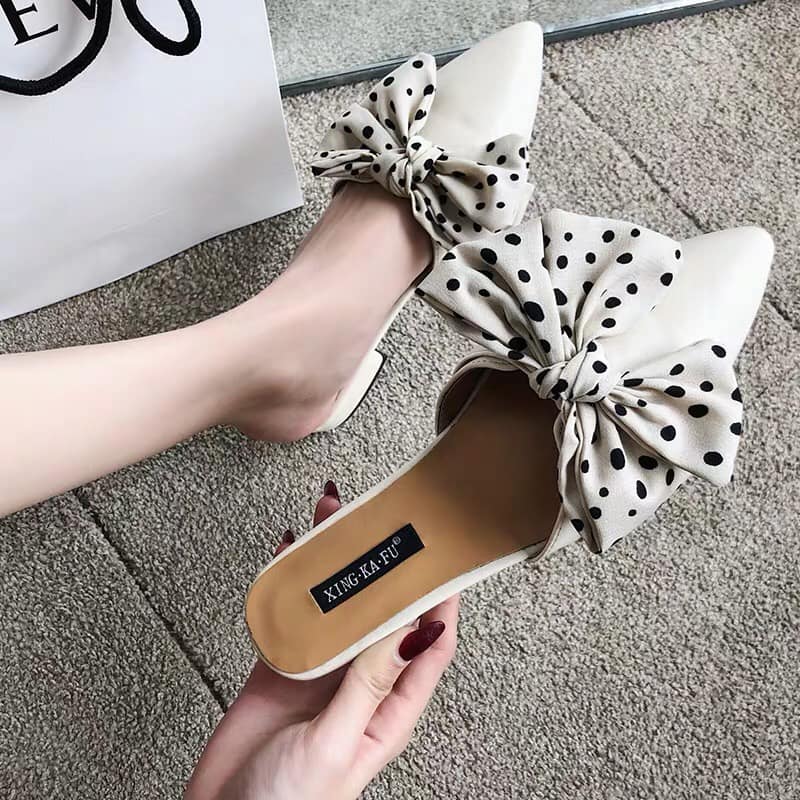 dép sục nữ mũi nhọn thắt nơ lụa hàng cao cấp kèm clip