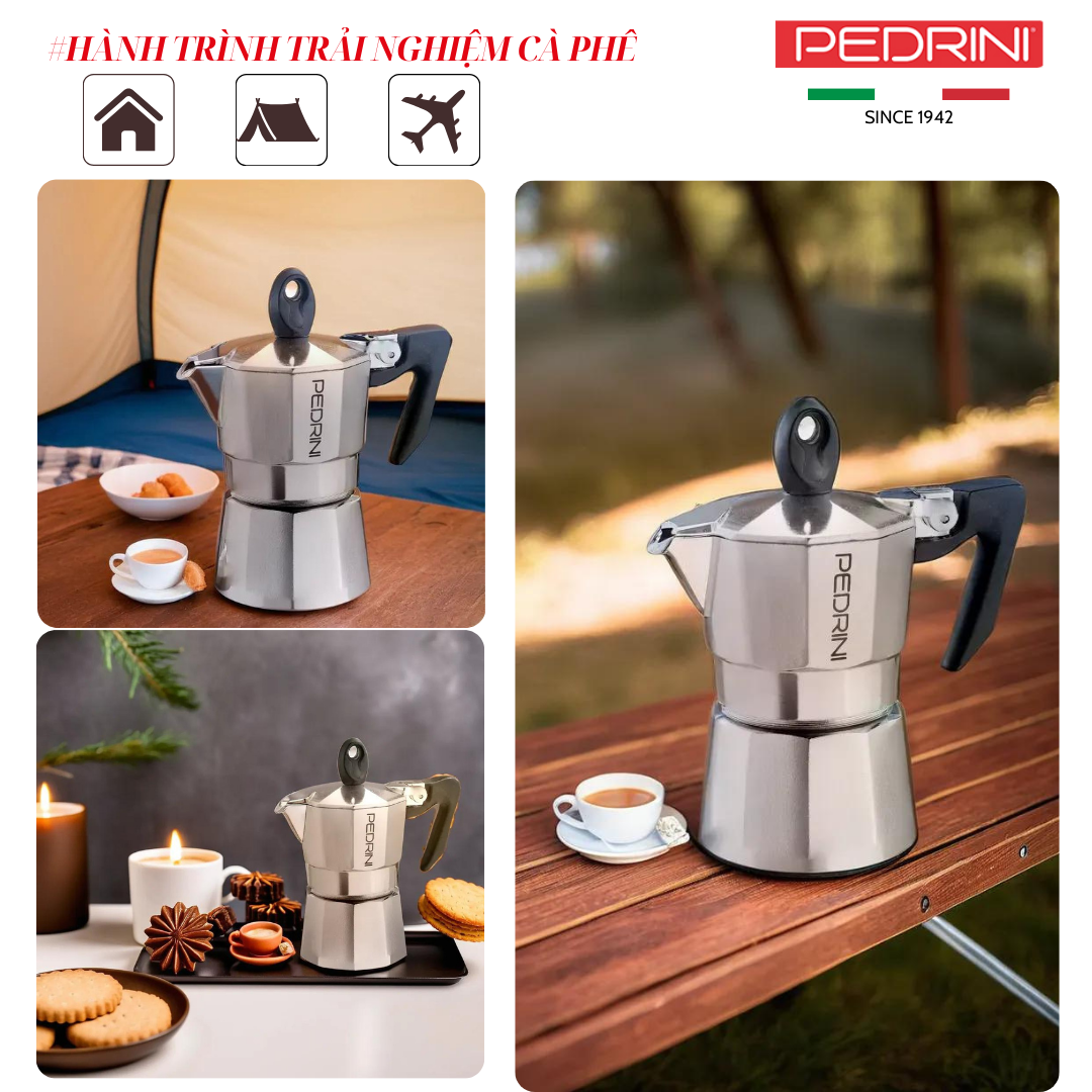 Ấm Pha Cà Phê Kiểu Ý Moka Pot PEDRINI Kaffettiera Bằng Nhôm Nhập Khẩu Chính Hãng - Loại 1,2,3, 6 Cups - Màu Đen