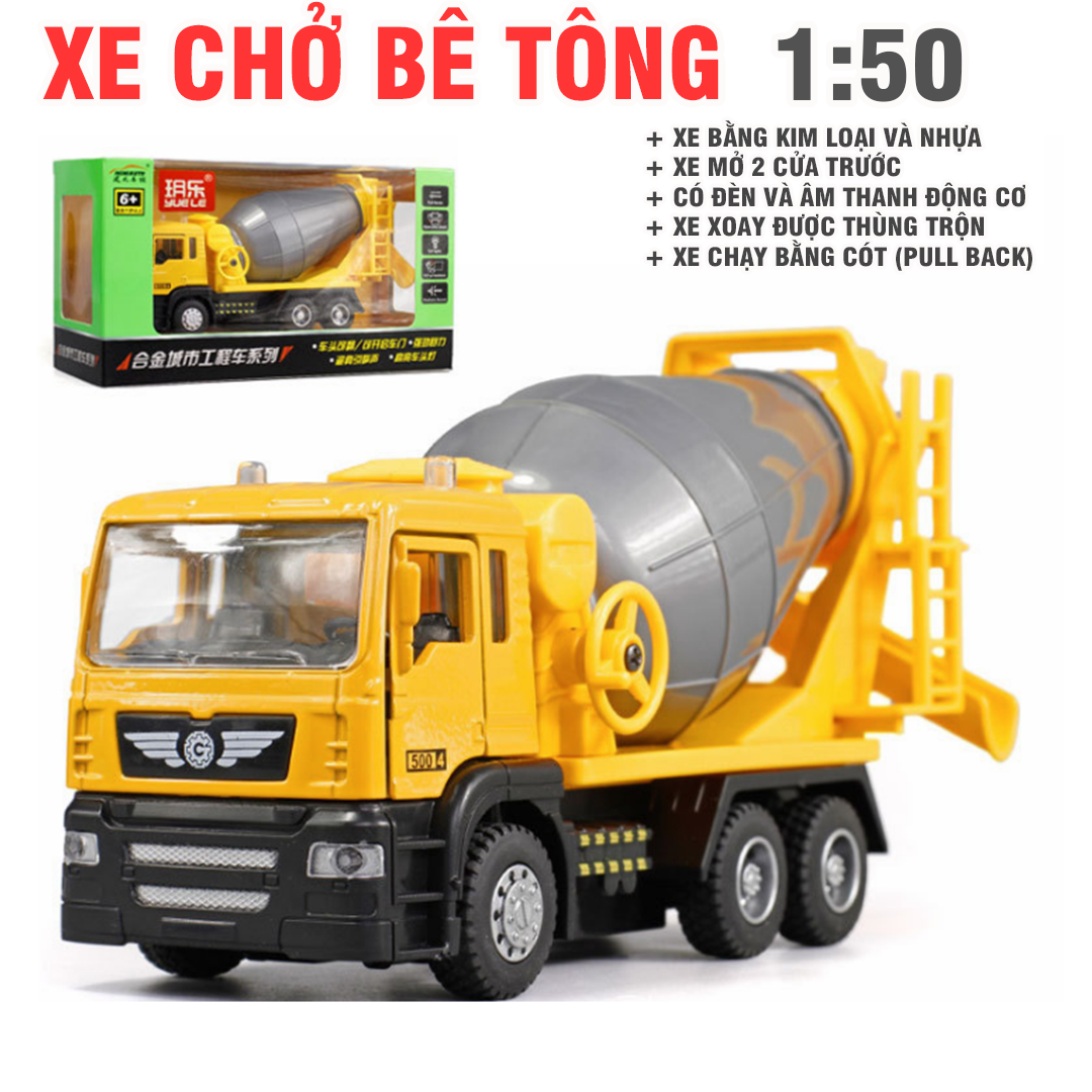 Xe trộn bê tông đồ chơi trẻ em xe bằng hợp kim và nhựa có đèn và âm thanh mô hình tỉ lệ 1:50 xe mở 2 cửa trước