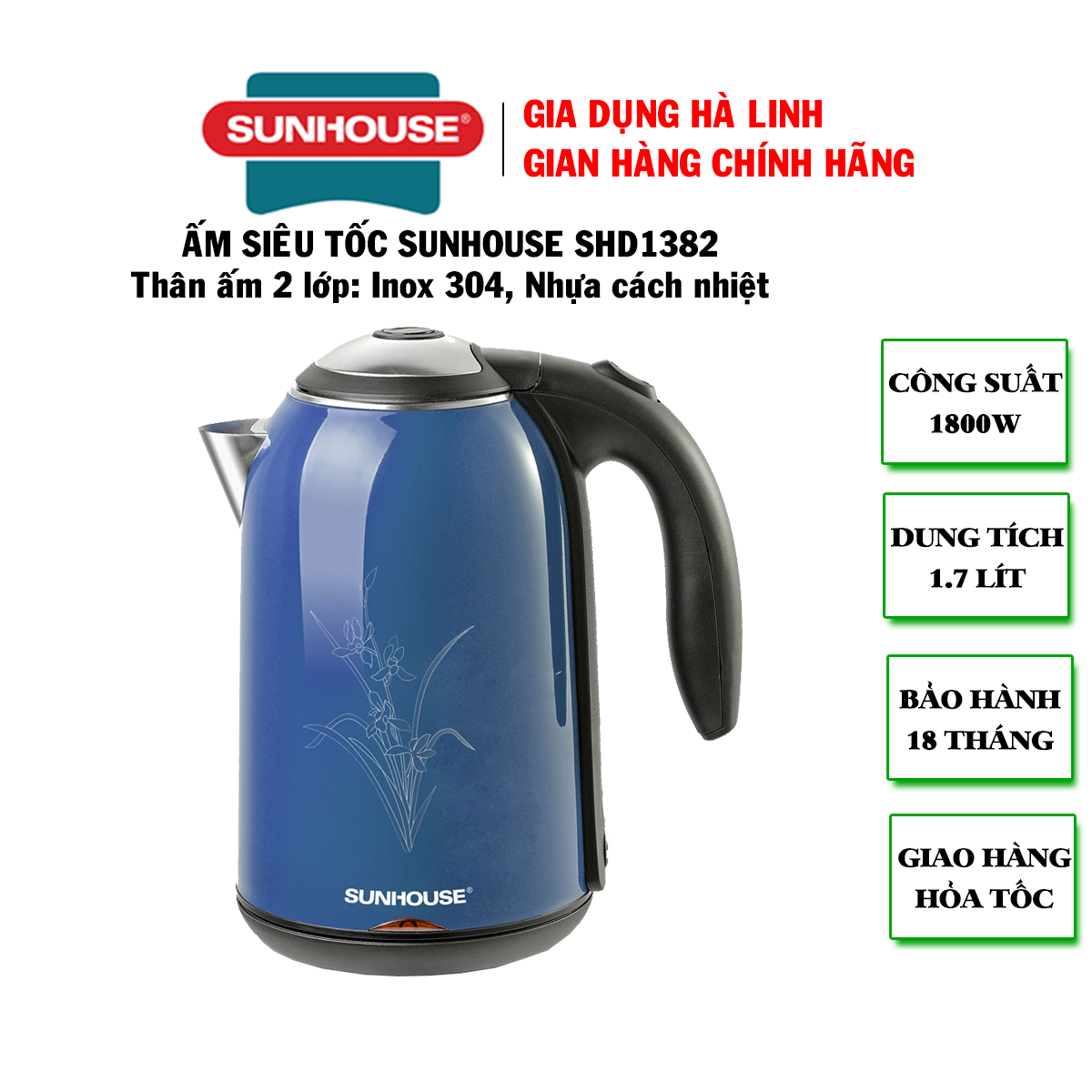 Ấm siêu tốc inox 2 lớp 1.7L Sunhouse SHD1382B, Ấm siêu tốc Sunhouse, Ấm đun nước Sunhouse, bên trong inox 304 siêu bền, an toàn sức khỏe, bên ngoài nhựa PP cách nhiệt, Công suất cao 1800W đun siêu nhanh, bảo hành 18 tháng
