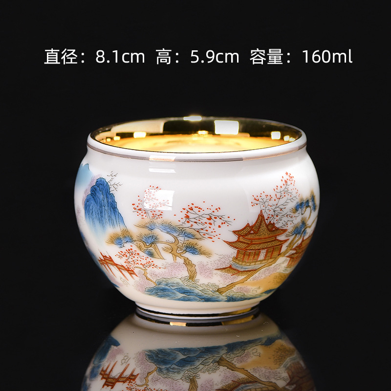 Chén chủ nhân sứ cảnh đức vẽ tay thủ công dung tích 160 ml, lòng chén dát vàng 24k độc đáo