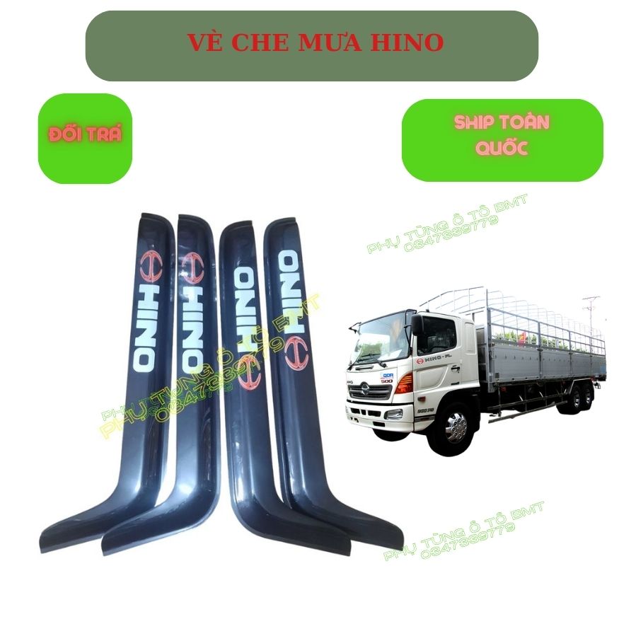 Bộ vè che mưa cao cấp dành cho xe tải Hino 500 gương gắn trên đầu xe, lắp được xe dongfeng, Chenglong 3 chân, 4 chân, 5 chân
