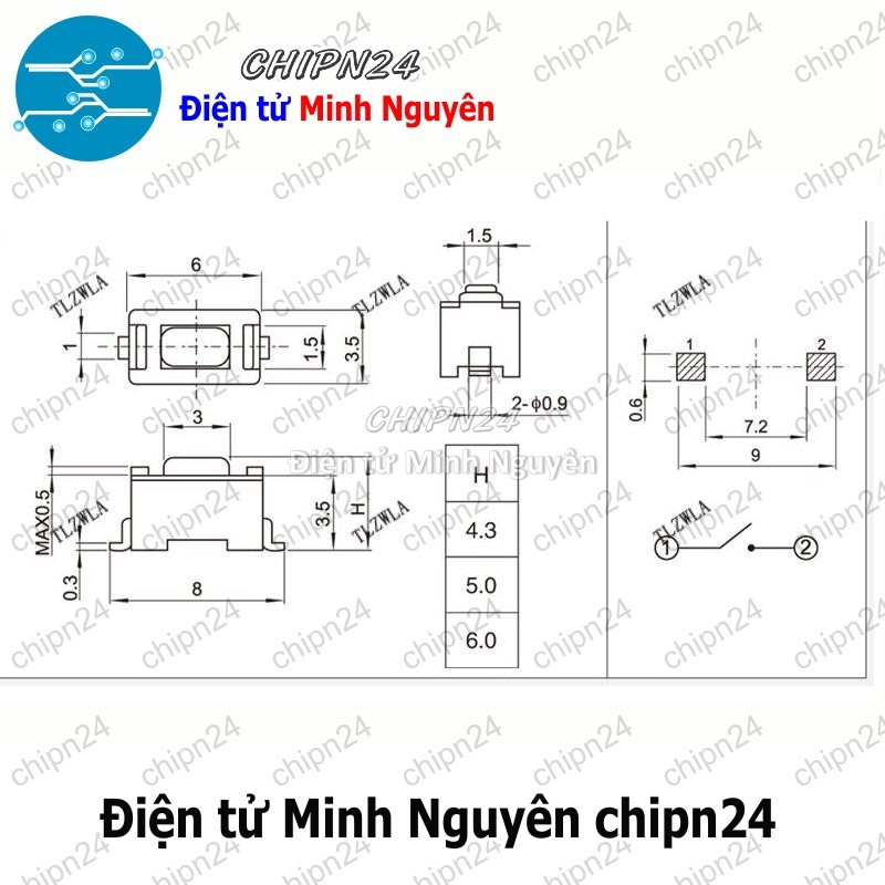 [10 cái] (K76) Nút nhấn 2 chân 3x6x4.3mm SMD Dán Trắng - HH005326