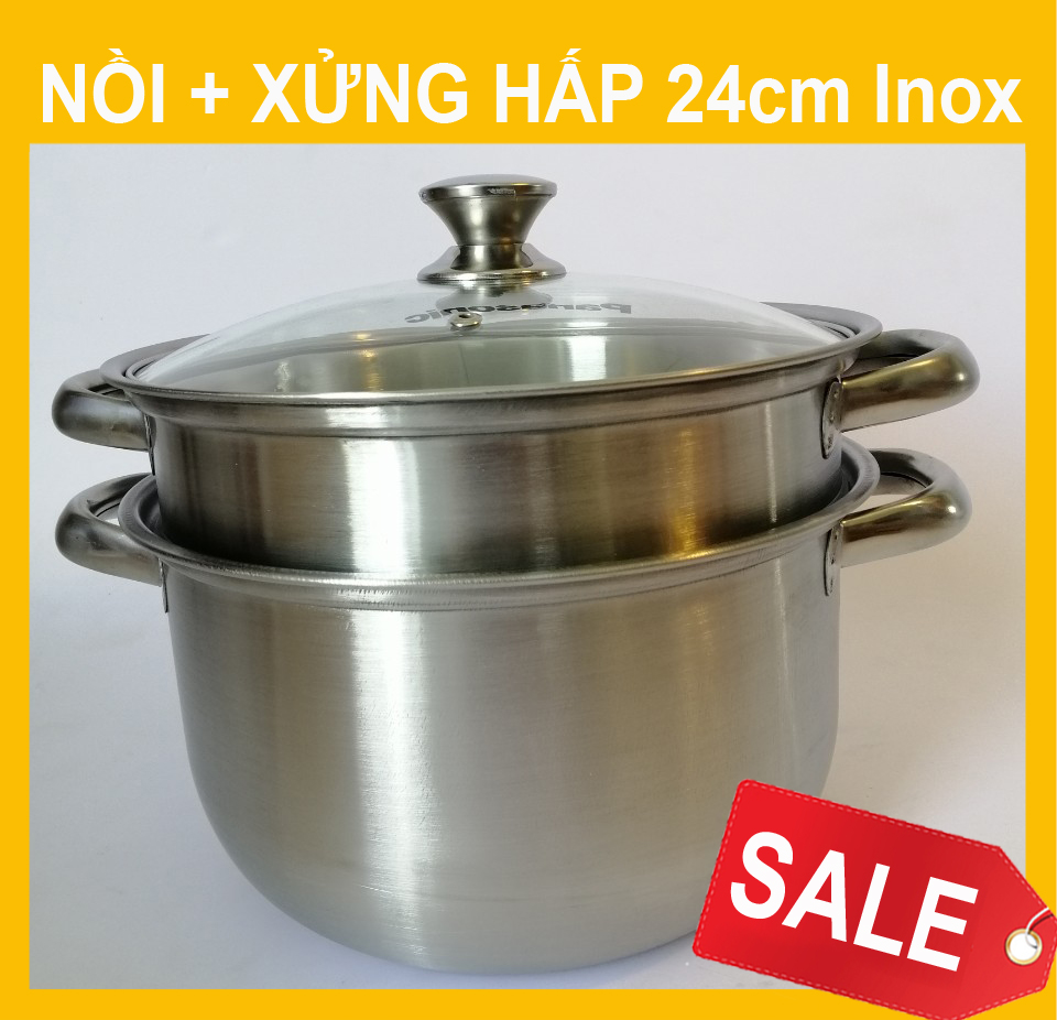 Nồi nấu hấp panasonic 24cm inox bếp từ - nắp kính sang trọng