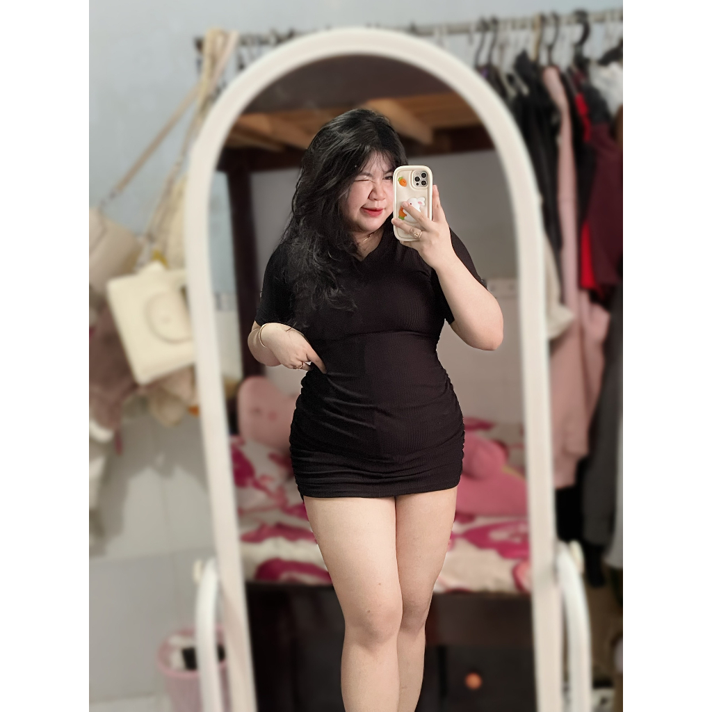 Đầm body cổ tim, nhún thun 2 bên nữ bigsize