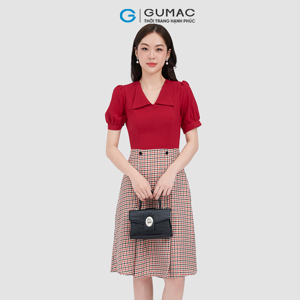 Đầm form A cổ bẻ phối nút GUMAC LD1014