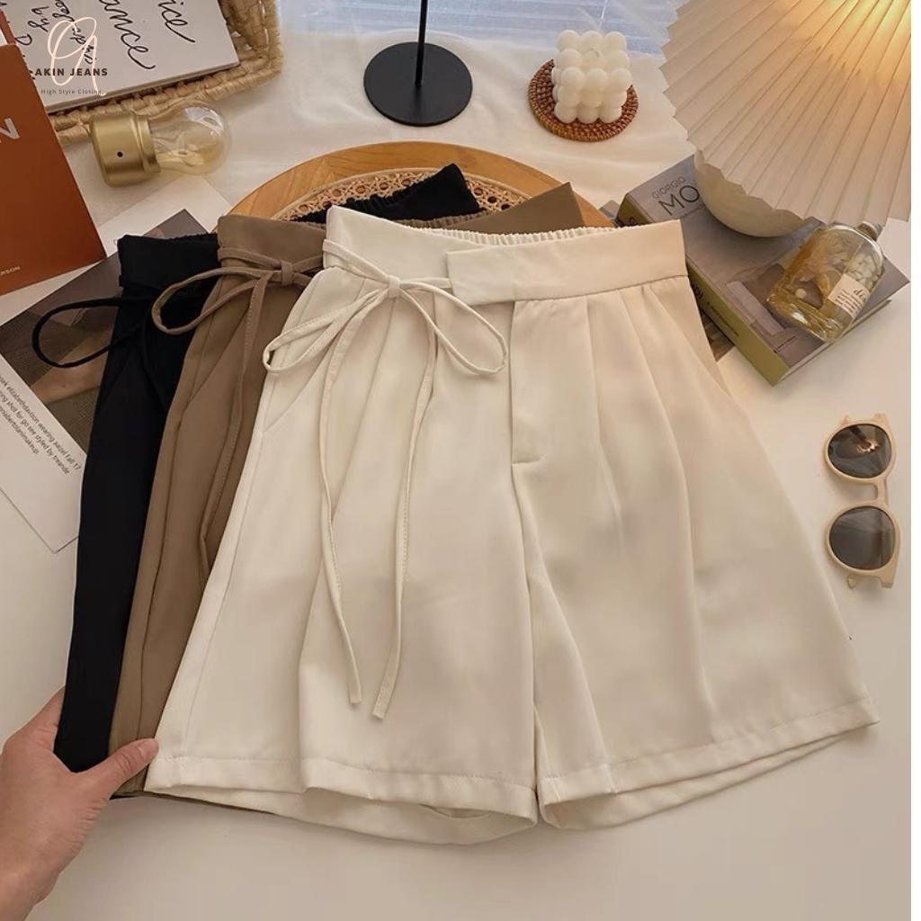 Quần short nữ cạp cao quần sooc nữ ống rộng cột dây nơ eo chất Ruby mềm mịn
