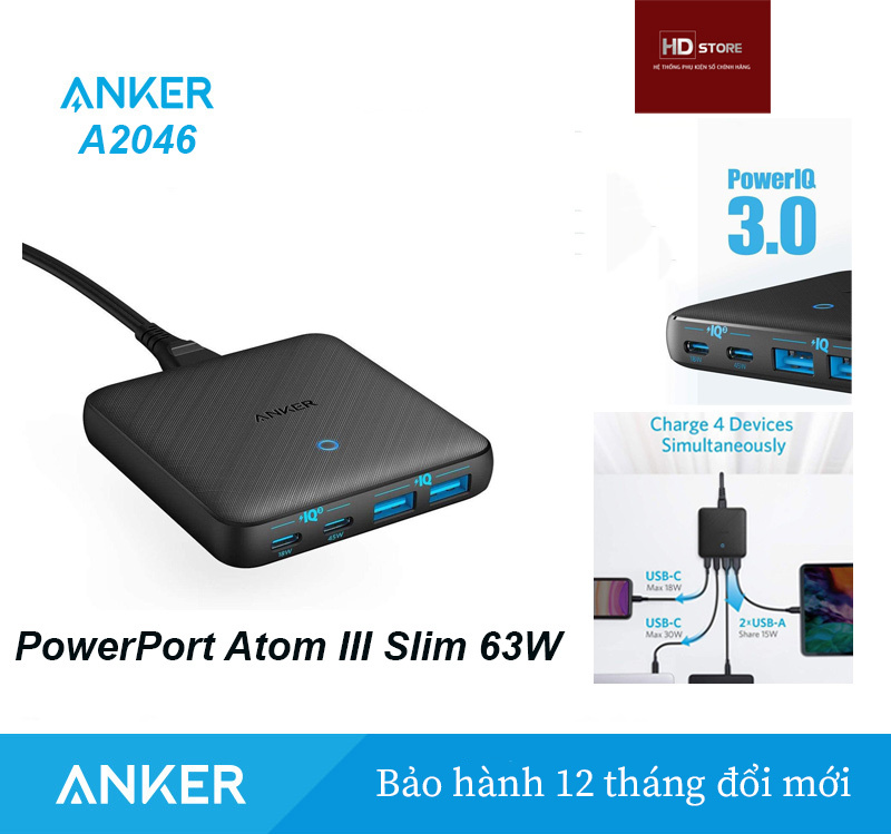Sạc ANKER PowerPort Atom III Slim 65W PIQ3.0 PPS 4 Cổng - Mã A2046
