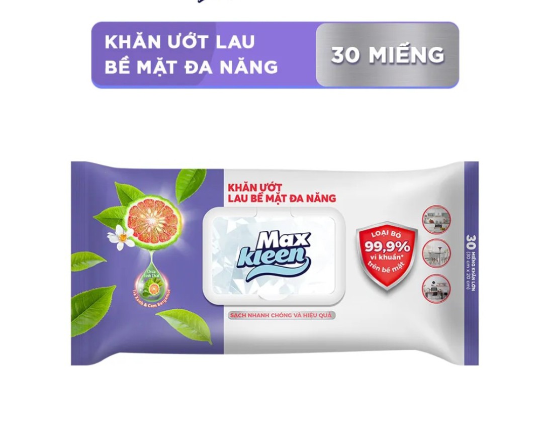 Maxkleen - Khăn Ướt Lau Bề Mặt Đa Năng Maxkleen (Bịch 30 miếng)