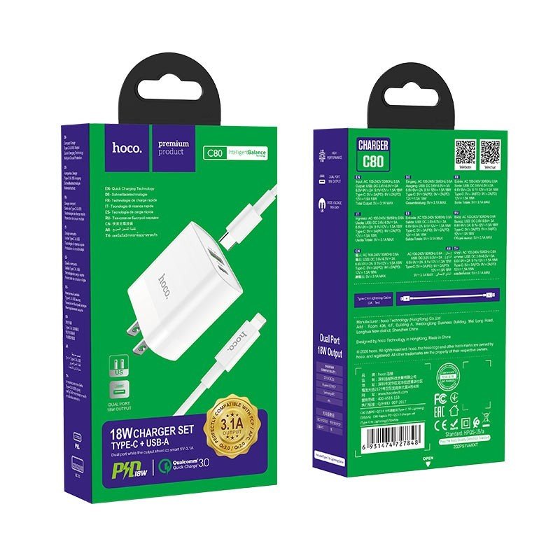 Bộ sạc nhanh 20w hoco c80 có 2 cổng ra 1 usb và 1 type c