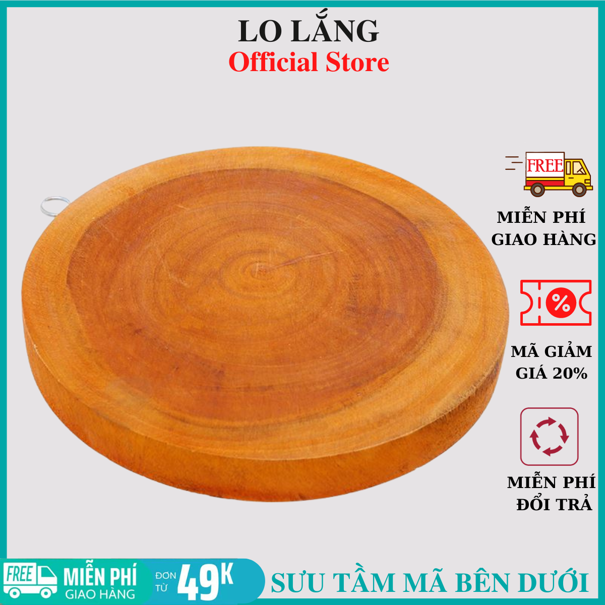 Thớt gỗ tự nhiên loại tròn có móc treo nhiều size dày dặn gỗ tự nhiên an toàn hàng Việt Nam