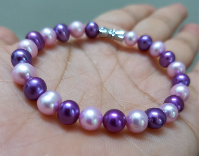 [HCM]Vòng tay ngọc trai 7MM  hồng tím phong cách trẻhàng gia côngmang đẹp