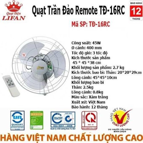 QUẠT TRẦN ĐẢO REMOTE LIFAN TĐ-16RC