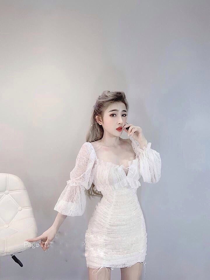Đầm ôm phối ren nhún 2 lớp thời trang  ( có mút ngực )