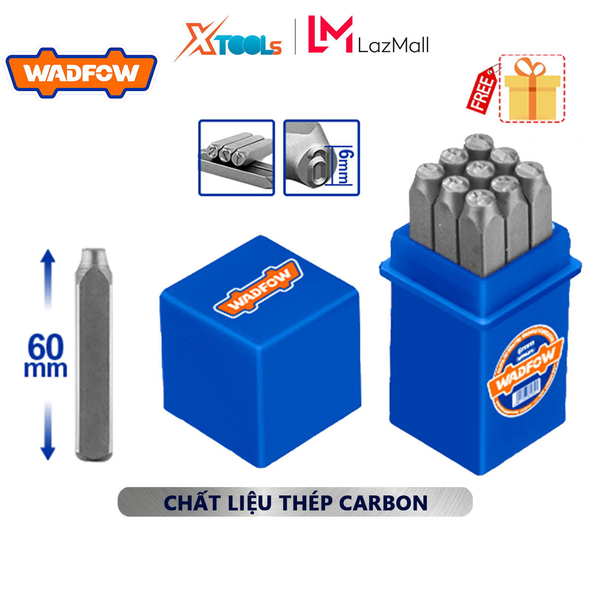 Bộ 9 mũi đục chữ số WADFOW chiều cao chữ số 3-6mm, chiều dài 60mm, gồm 0-9 đục