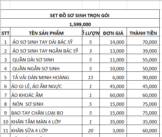 [HCM]SET ĐỒ SƠ SINH TIẾT KIỆM CHO BÉ GÁI