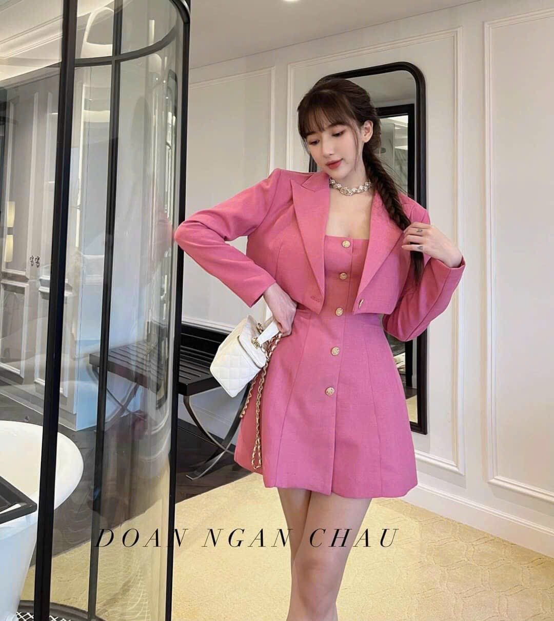 Đầm váy nữ đính nút kèm áo khoác ( có mút ngực)