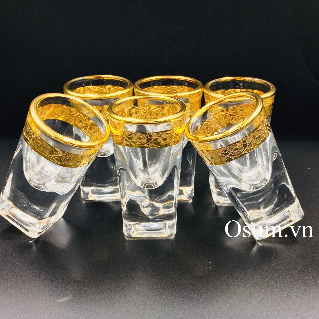 Bộ ly chân vuông 35ml  khảm vàng