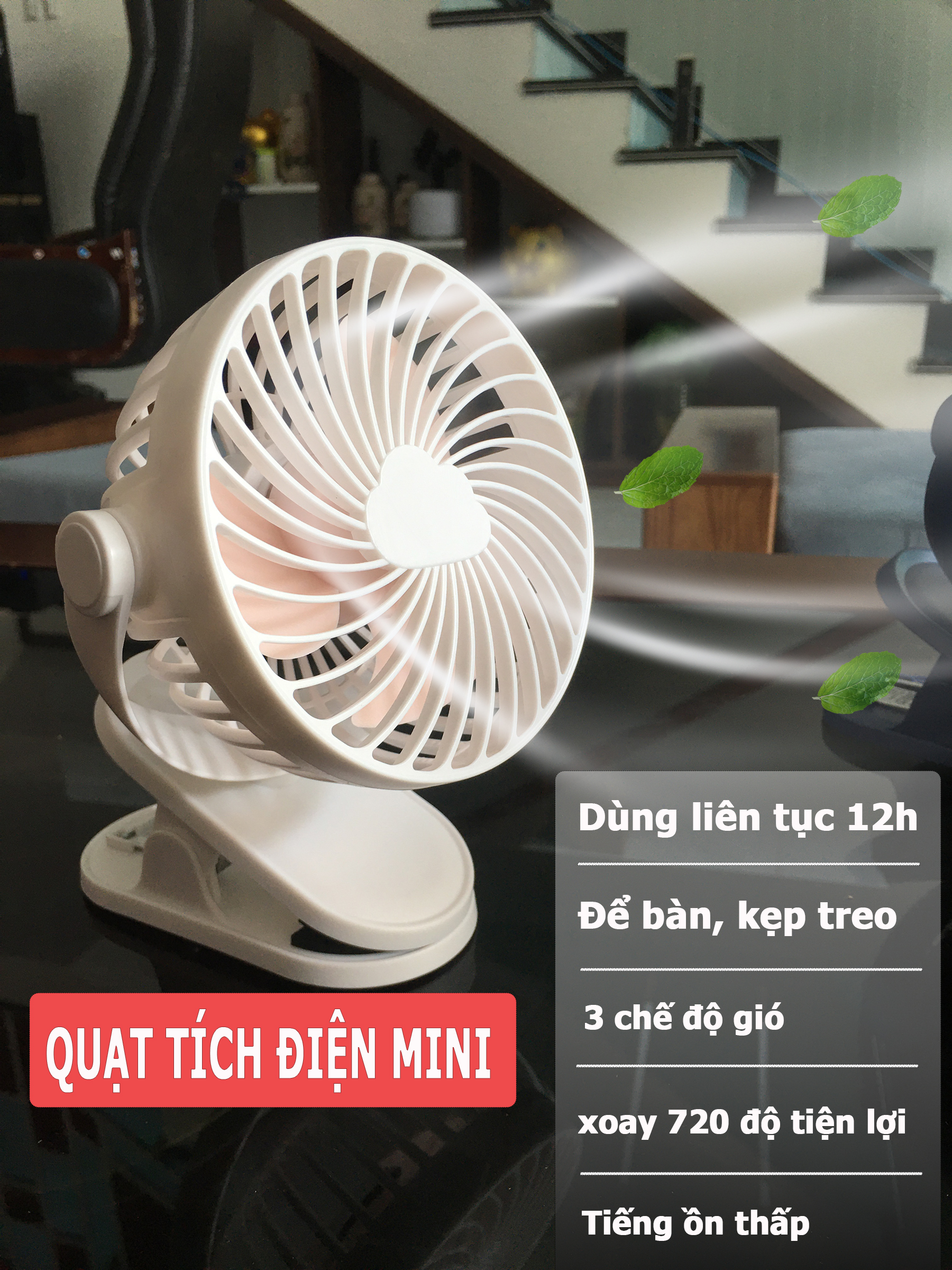 Quạt tích điện, pin trâu dùng tới 12h, quạt mini cầm tay, quạt để bàn, kẹp treo tiện lợi