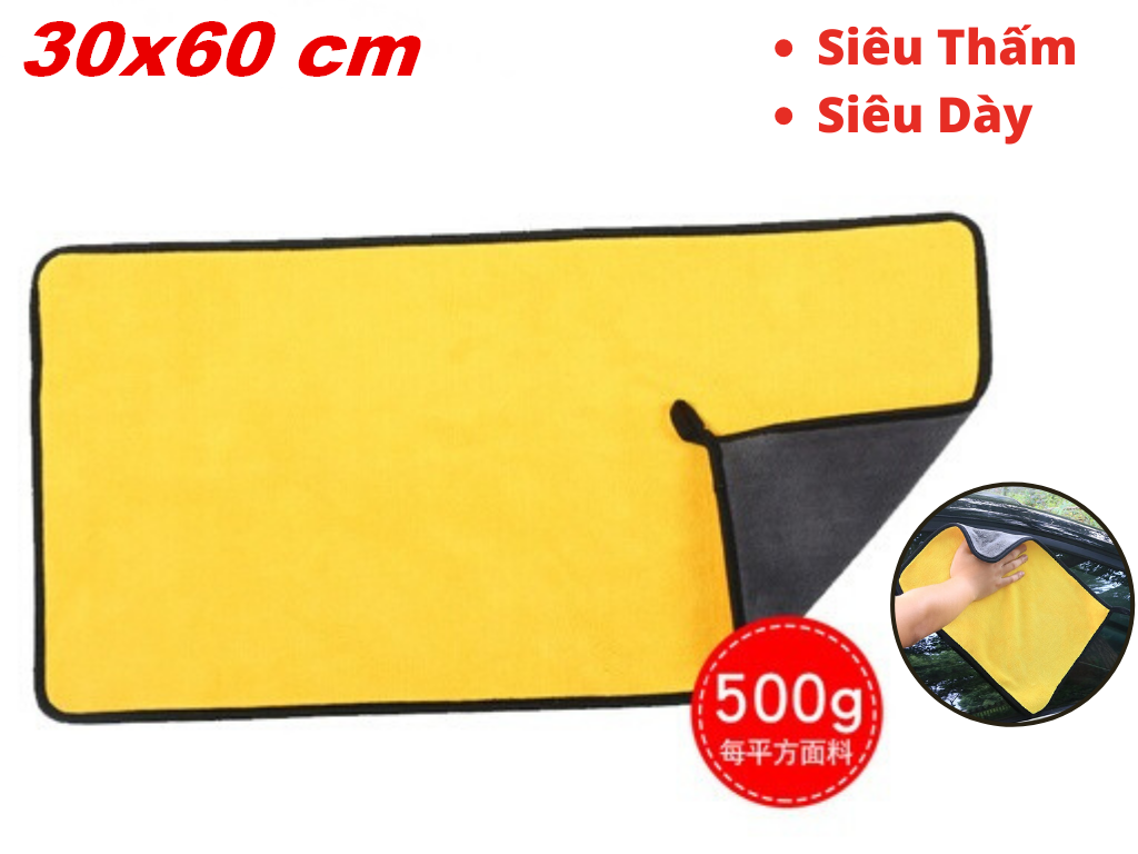 Khăn lau xe 2 lớp microfiber siêu thấm siêu mịn 30x60cm