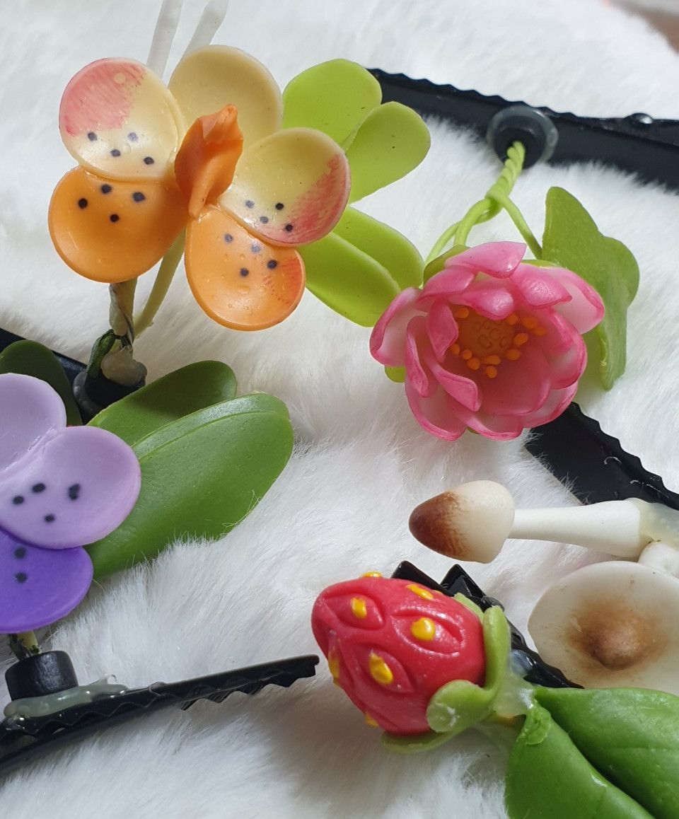 Kẹp tóc hanmade từ đất set hình hoa thiên nhiên đáng yêu
