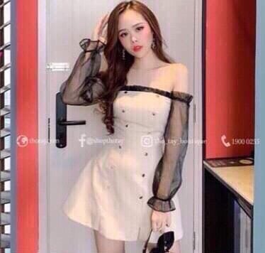 Đầm bẹt vai phối lưới dễ thương