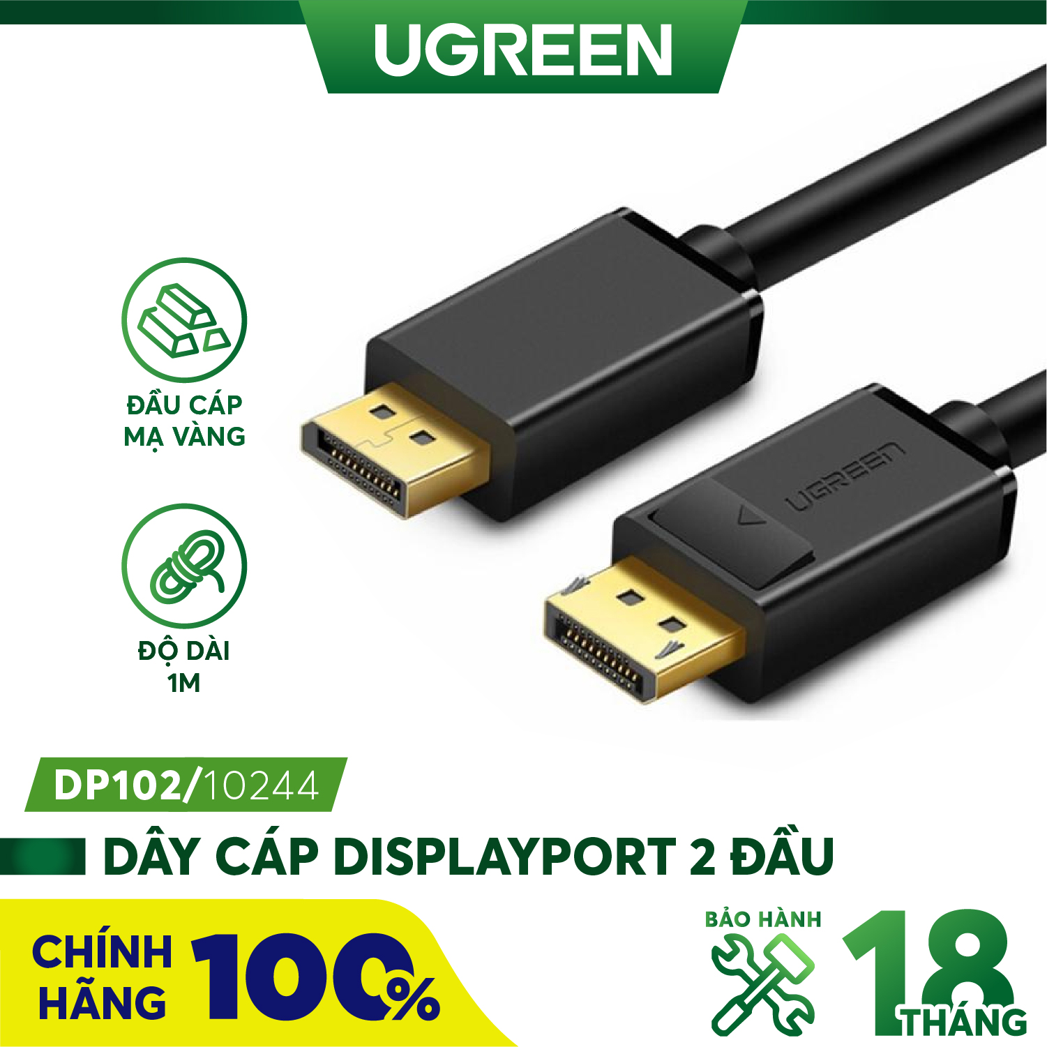 Dây cáp DisplayPort 2 đầu đực UGREEN DP102 | Tốc độ 21.6Gbps | Đầu cáp mạ vàng 24k | Bảo Hành 18 Tháng 1 Đổi 1 | 10244 10245 10211 10212 10213.