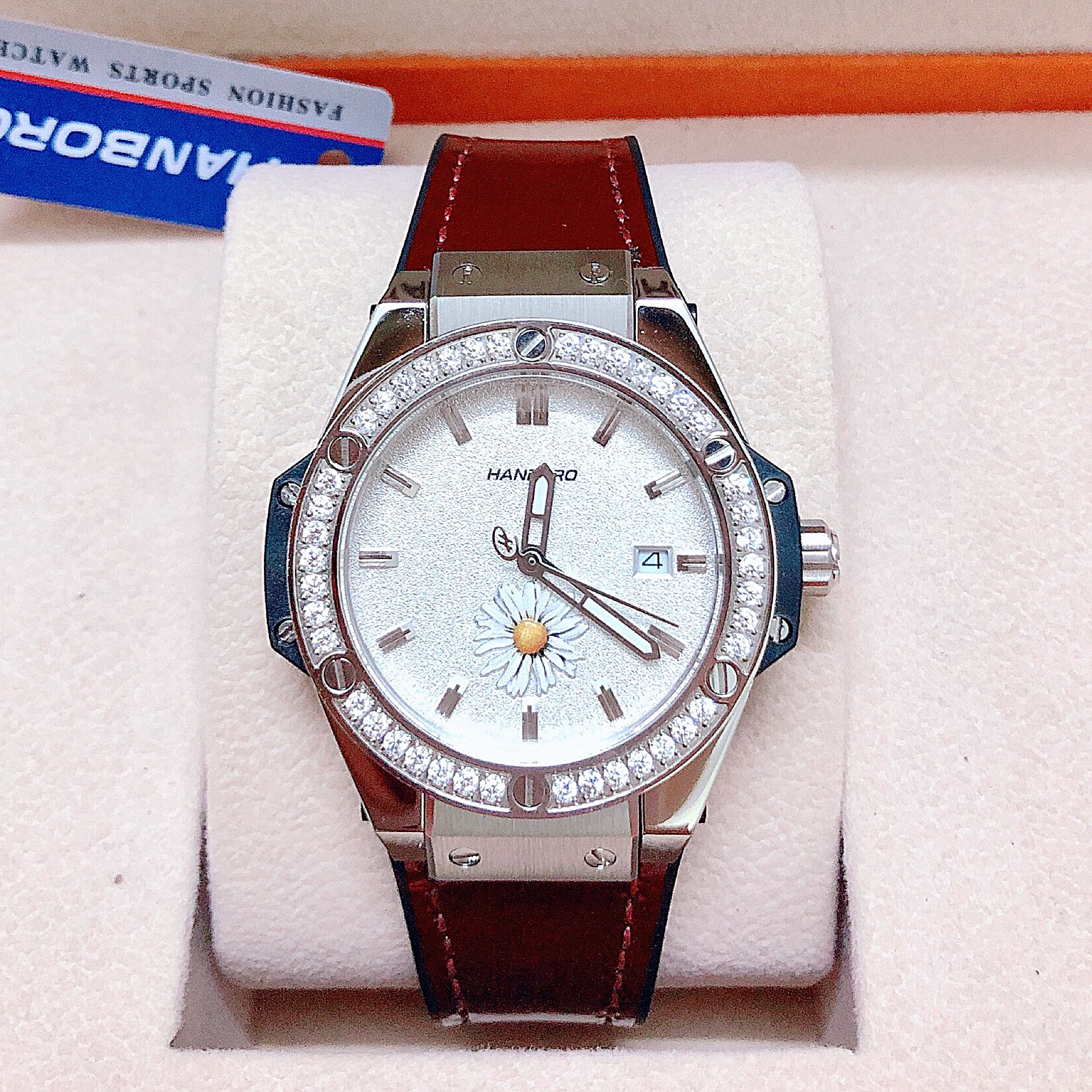 [HCM]Đồng Hồ Hanboro By Huboler Nữ Dây Da Silicon Nâu 36mm Silver