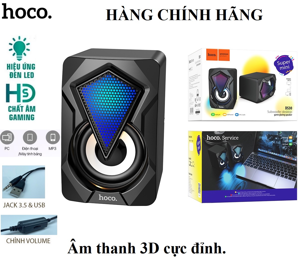 Loa máy vi tính hoco chính hãng bass siêu khỏe, âm thanh hay bộ loa pc laptop để bàn mini