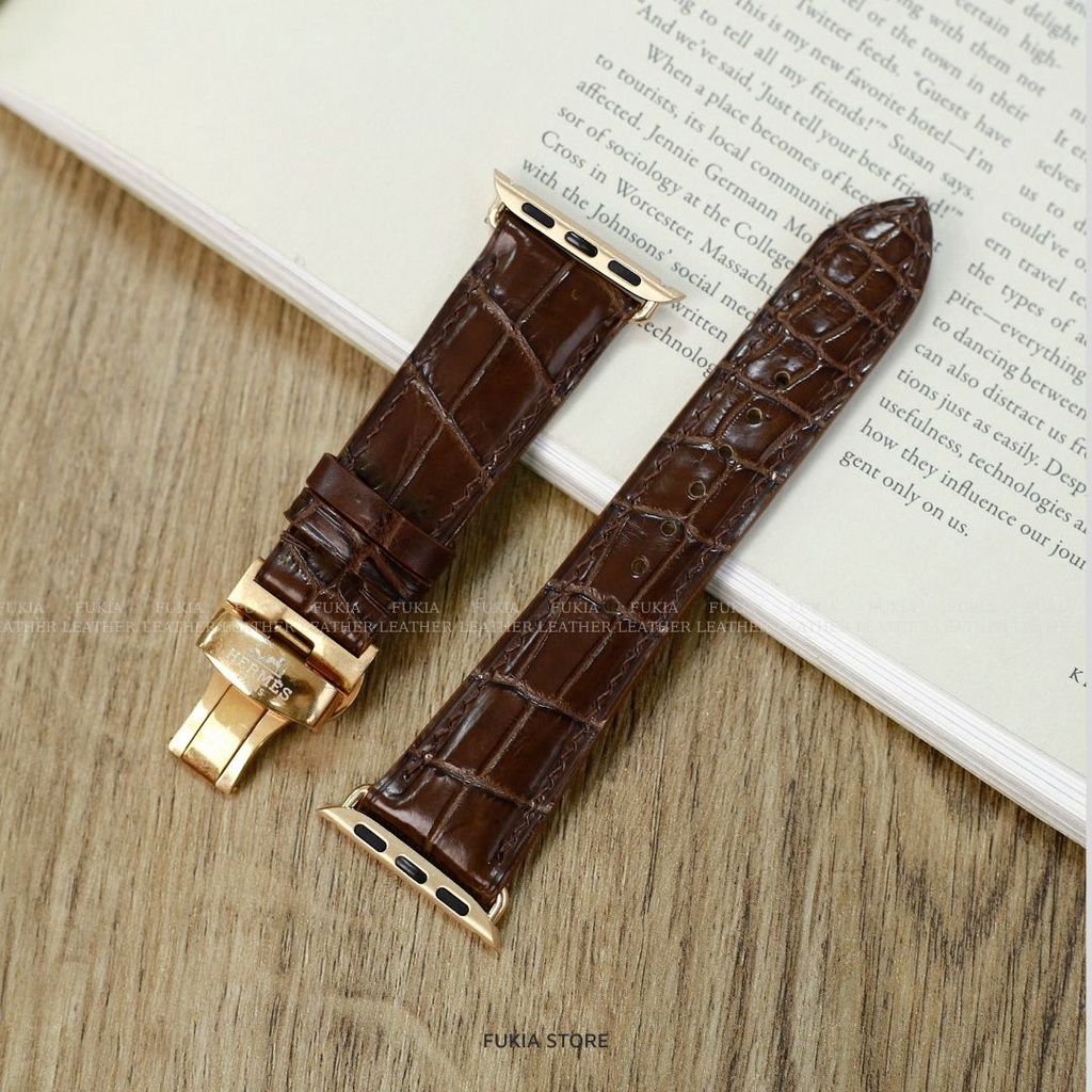 Dây da thủ công cá sấu nâu dành cho iwatch, đồng hồ thông minh, đồng hồ cơ fukia ddtc273