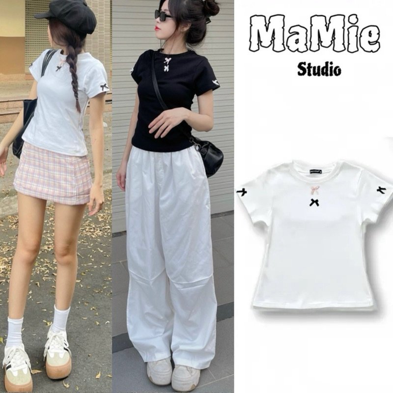 Áo croptop dáng babytee đính nơ siêu xinh