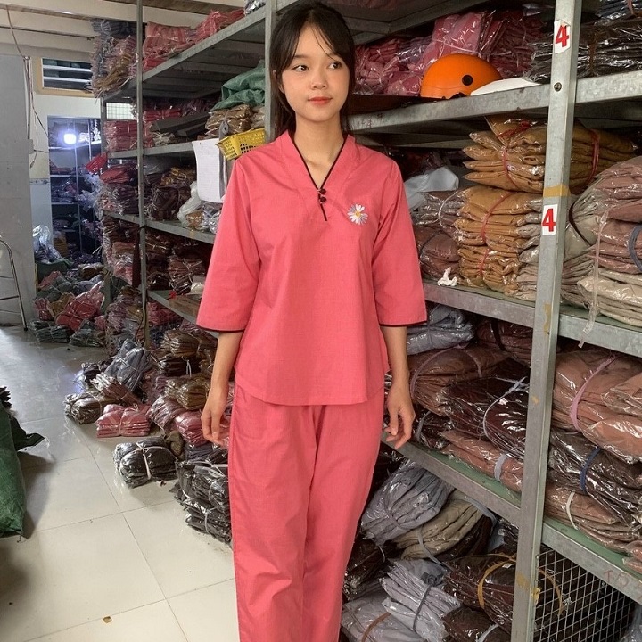 Đồ bộ mặc nhà,Quần Áo nữ Phật Tử thêu hoa cúc, Đồ Lam Đi Chùa Nữ mẫu PN18A